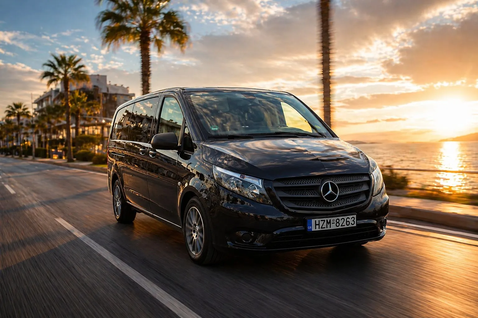 Mercedes Vito driving along the Cretan coast at sunset