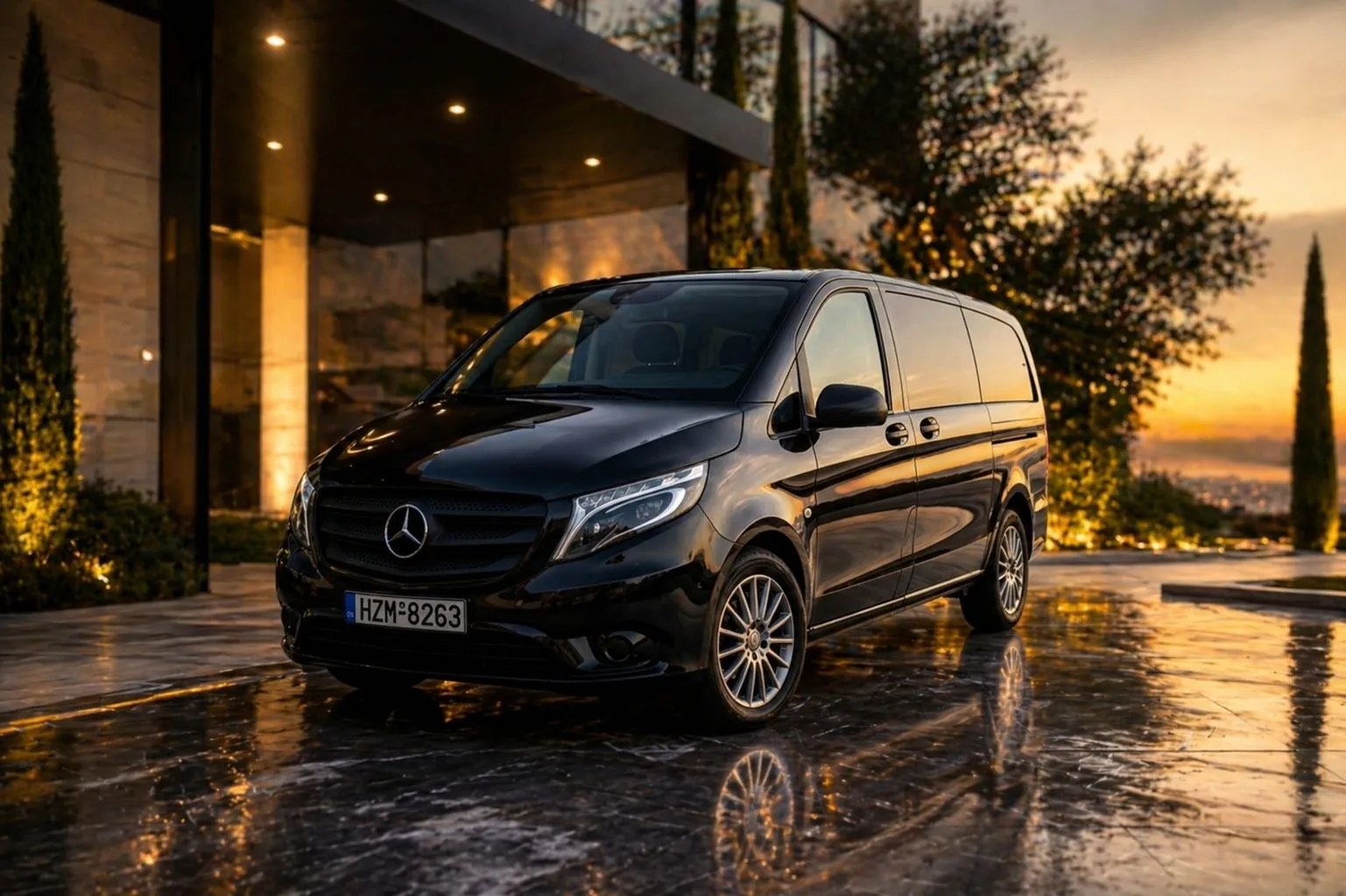 Black Mercedes Vito of the Move Crete Transfer fleet parked at sunset